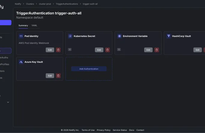 Kedify trigger authentication dashboard